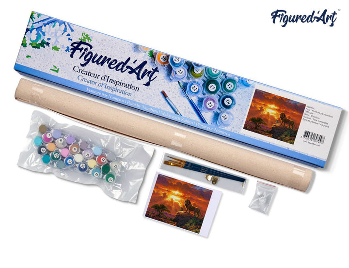 Malen nach Zahlen 40x50cm ohne Keilrahmen Figured’Art Löwe und Sonnenuntergang