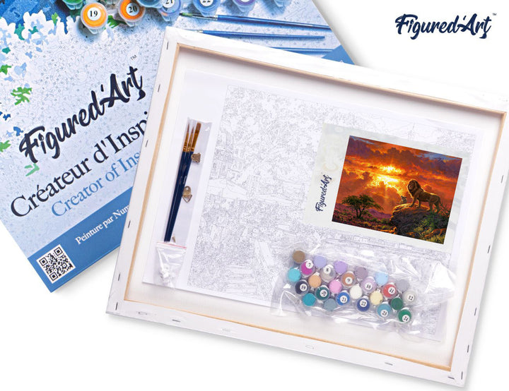 Malen nach Zahlen 40x50cm auf Keilrahmen gespannt Figured’Art Löwe und Sonnenuntergang