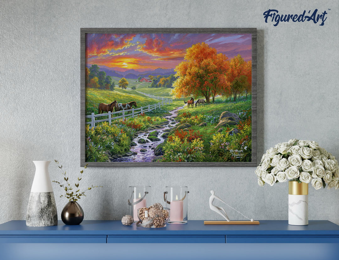 Malen nach Zahlen 40x50cm auf Keilrahmen gespannt Figured’Art Landschaftlicher Sonnenuntergang und Pferde