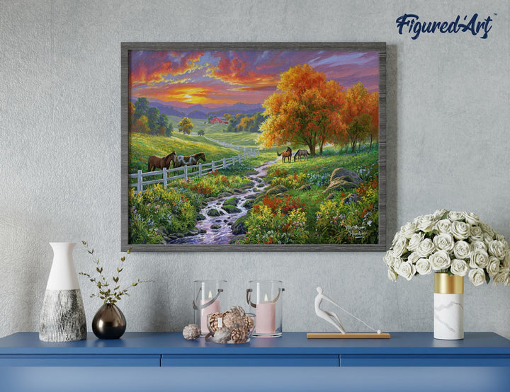 Malen nach Zahlen 40x50cm ohne Keilrahmen Figured’Art Landschaftlicher Sonnenuntergang und Pferde