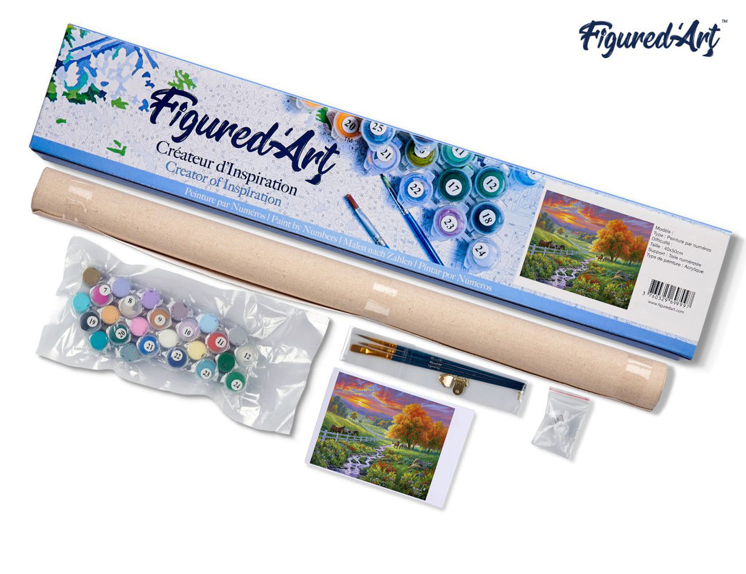 Malen nach Zahlen 40x50cm ohne Keilrahmen Figured’Art Landschaftlicher Sonnenuntergang und Pferde