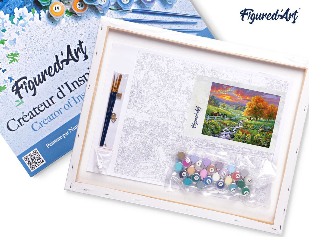 Malen nach Zahlen 40x50cm auf Keilrahmen gespannt Figured’Art Landschaftlicher Sonnenuntergang und Pferde