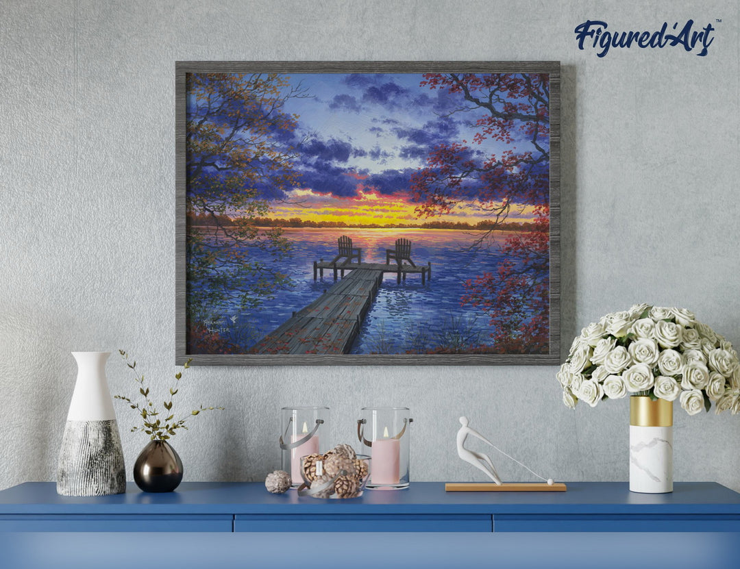 Malen nach Zahlen 40x50cm auf Keilrahmen gespannt Figured’Art Eine Abenddämmerung am Flusssteg