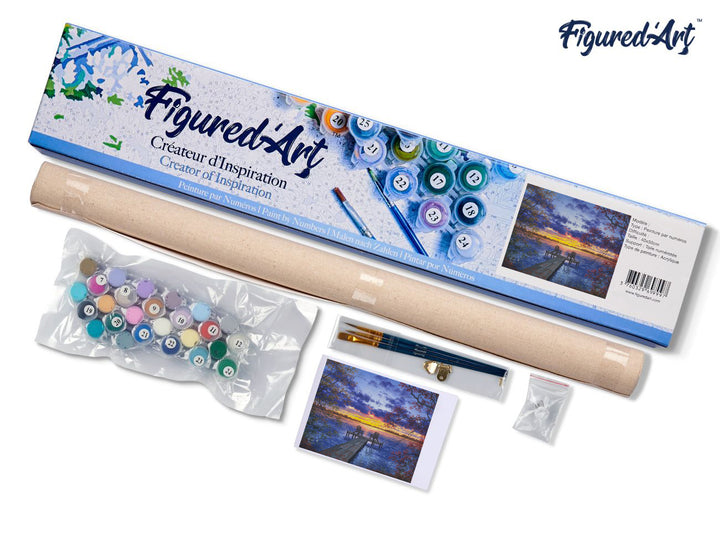 Malen nach Zahlen 40x50cm ohne Keilrahmen Figured’Art Eine Abenddämmerung am Flusssteg - Kidis Art