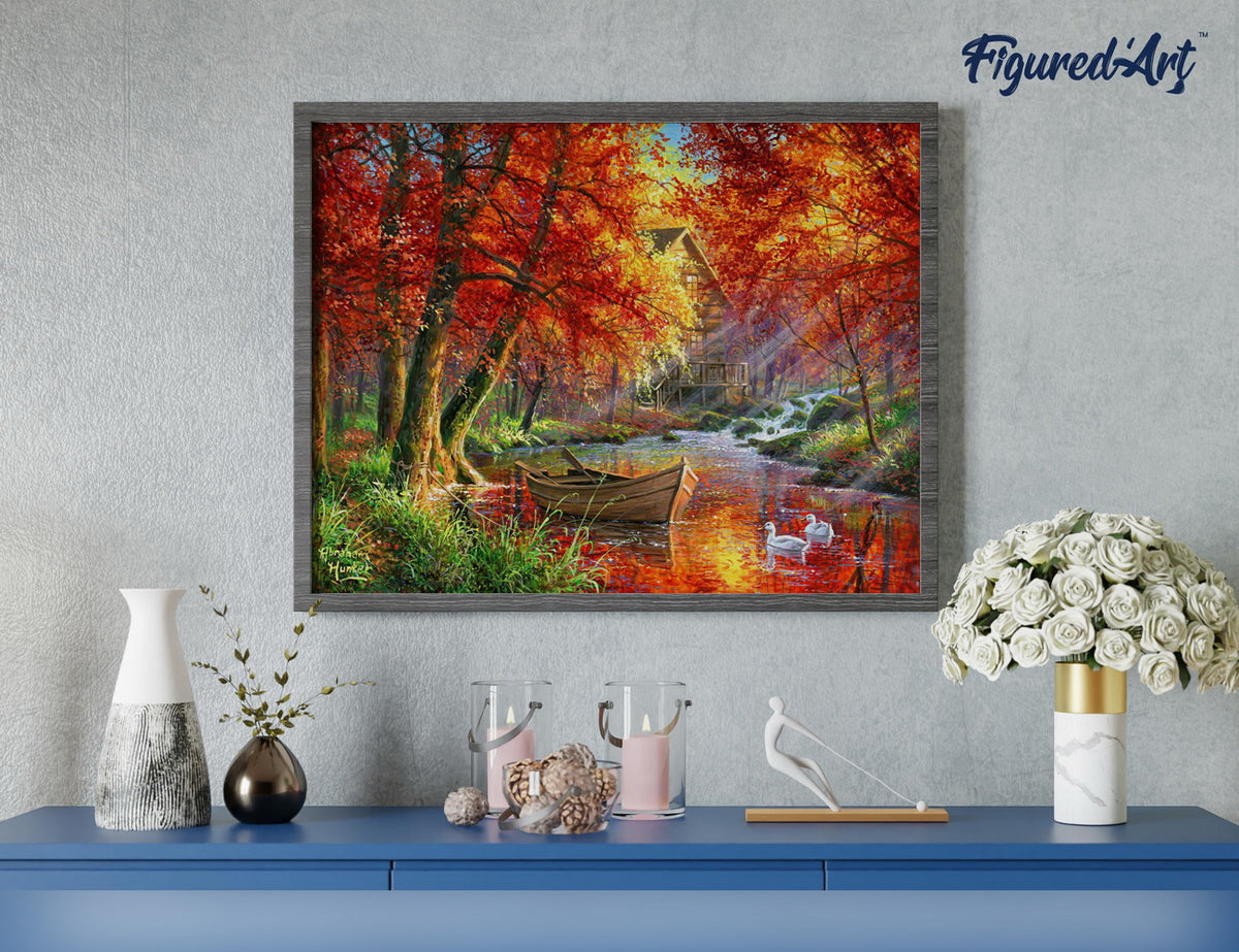 Malen nach Zahlen 40x50cm auf Keilrahmen gespannt Figured’Art Boot am Herbstlichen Fluss - Kidis Art