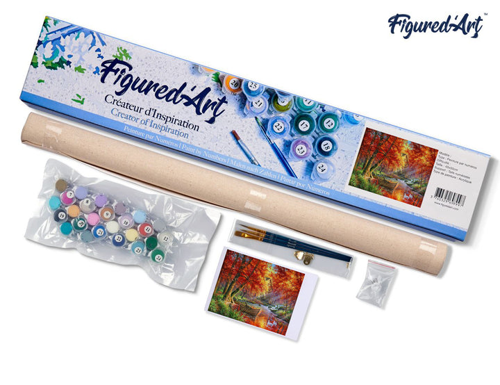 Malen nach Zahlen 40x50cm ohne Keilrahmen Figured’Art Boot am Herbstlichen Fluss - Kidis Art