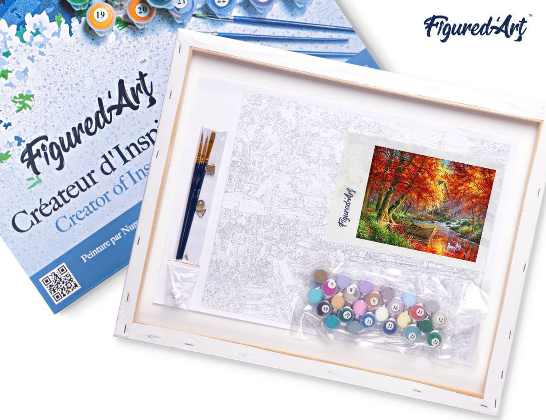 Malen nach Zahlen 40x50cm auf Keilrahmen gespannt Figured’Art Boot am Herbstlichen Fluss