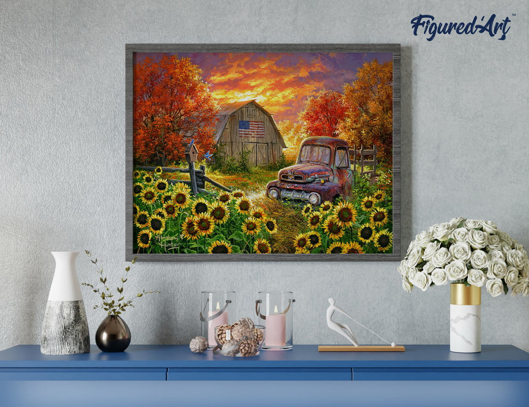 Figured'Art Sonnenblumenfeld mit Oldtimer auf Keilrahmen gespannt - Kidis Art