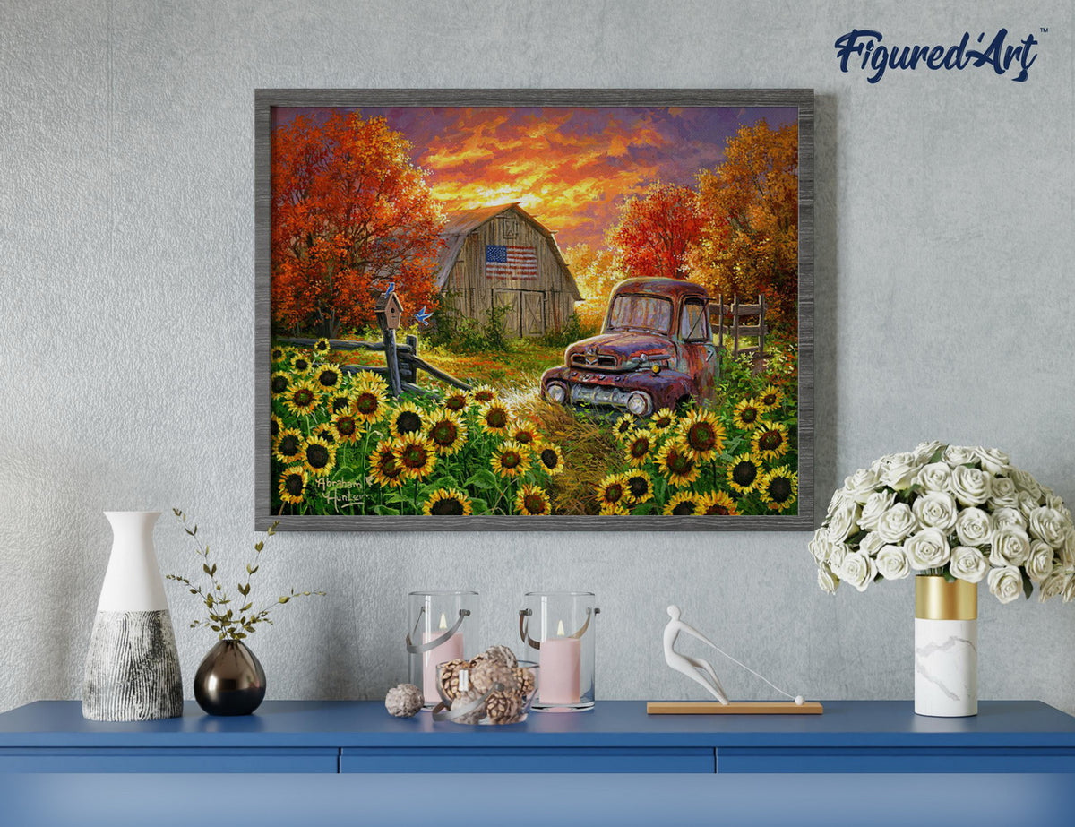 Malen nach Zahlen 40x50cm ohne Keilrahmen Figured’Art Sonnenblumenfeld an der Scheune - Kidis Art