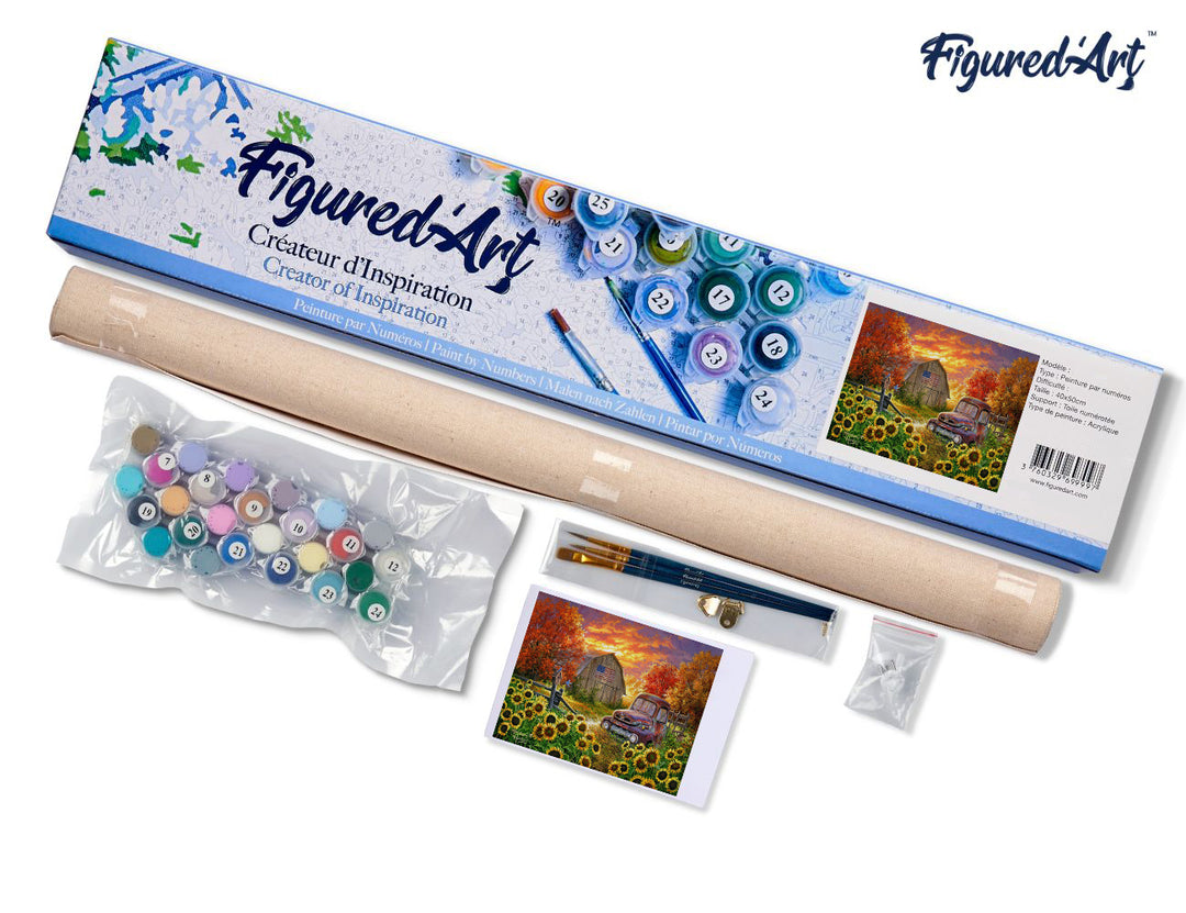 Malen nach Zahlen 40x50cm ohne Keilrahmen Figured’Art Sonnenblumenfeld an der Scheune