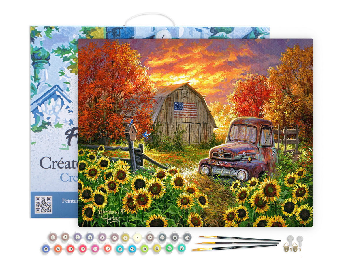 Figured'Art Sonnenblumenfeld mit Oldtimer auf Keilrahmen gespannt - Kidis Art