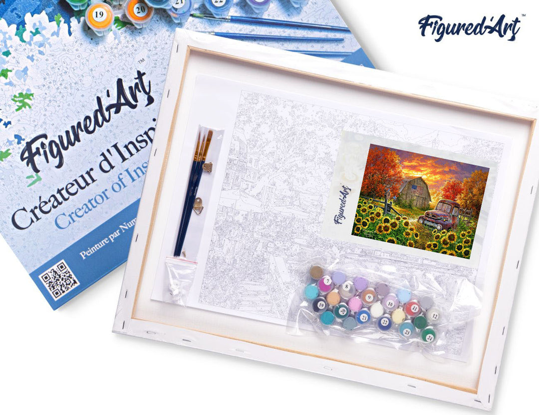 Figured'Art Sonnenblumenfeld mit Oldtimer auf Keilrahmen gespannt - Kidis Art