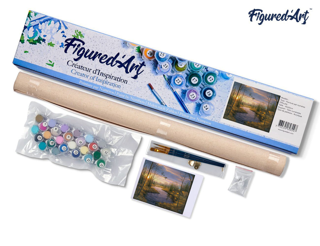 Malen nach Zahlen 40x50cm ohne Keilrahmen Figured’Art Landhaus in der Abenddämmerung