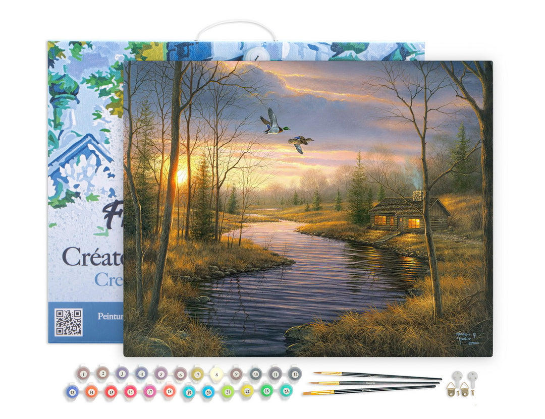 Figured'Art Malen nach Zahlen 40x50cm auf Keilrahmen gespannt Landhaus in der Abenddämmerung - Kidis Art