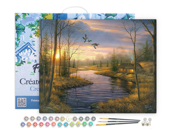 Figured'Art Malen nach Zahlen 40x50cm auf Keilrahmen gespannt Landhaus in der Abenddämmerung - Kidis Art