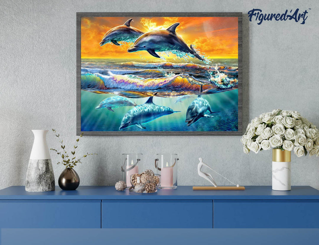 Malen nach Zahlen 40x50cm ohne Keilrahmen Figured’Art Delfine im Sonnenuntergang - Kidis Art