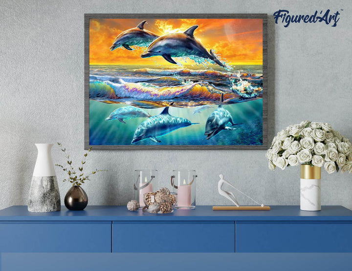 Malen nach Zahlen 40x50cm auf Keilrahmen gespannt Figured’Art Delfine im Sonnenuntergang