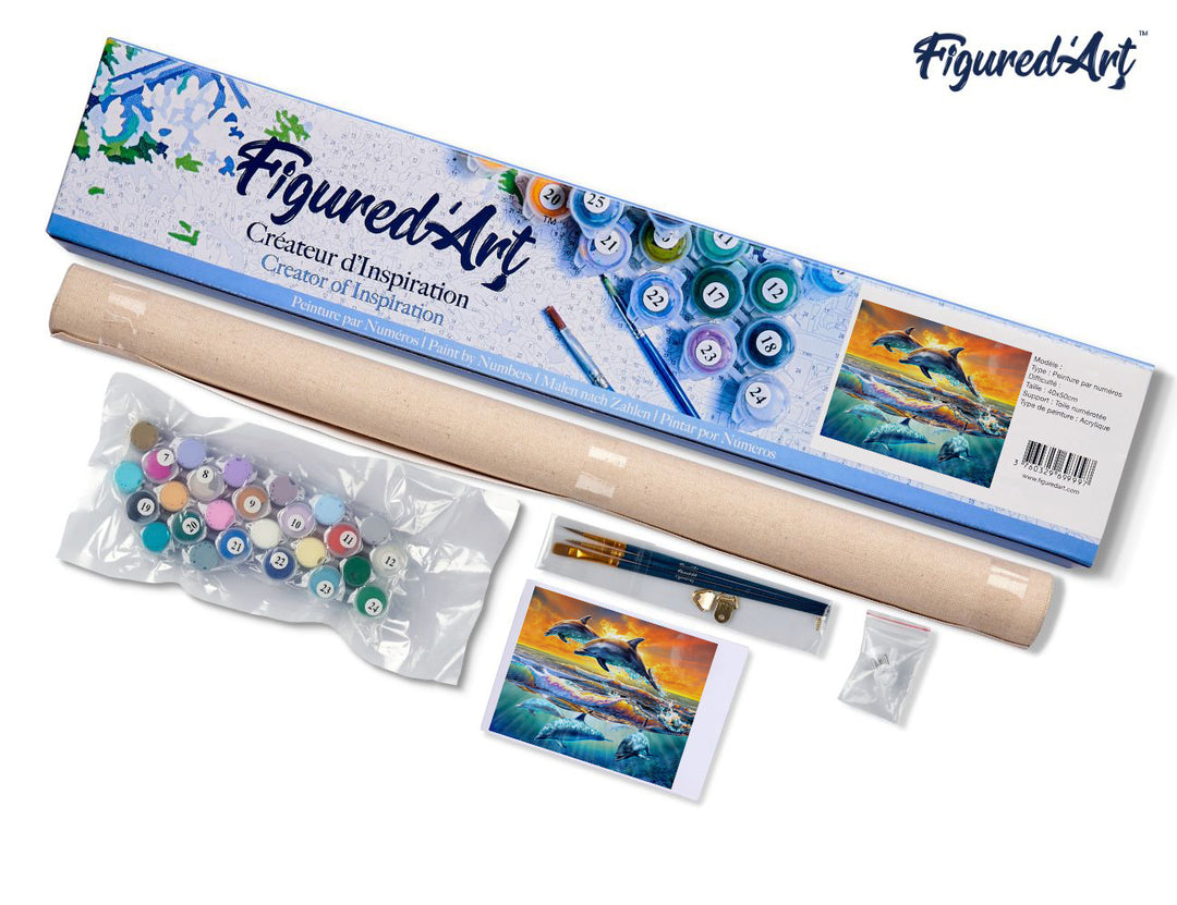 Malen nach Zahlen 40x50cm ohne Keilrahmen Figured’Art Delfine im Sonnenuntergang - Kidis Art