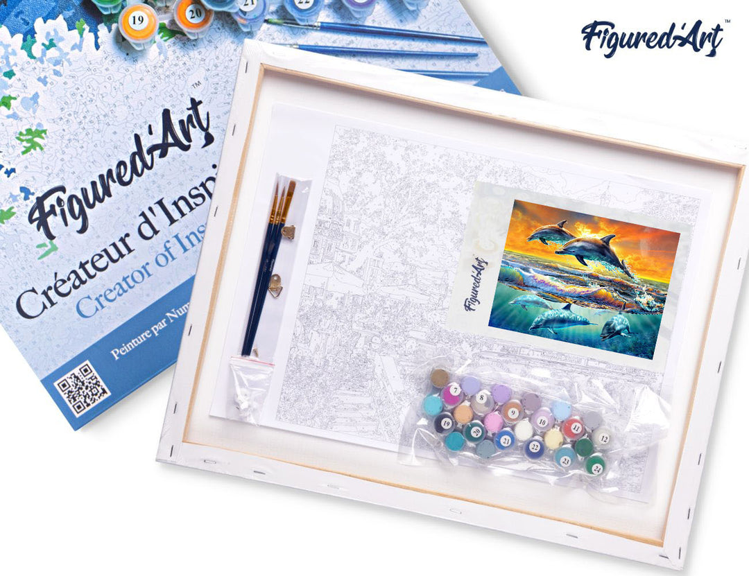 Malen nach Zahlen 40x50cm auf Keilrahmen gespannt Figured’Art Delfine im Sonnenuntergang