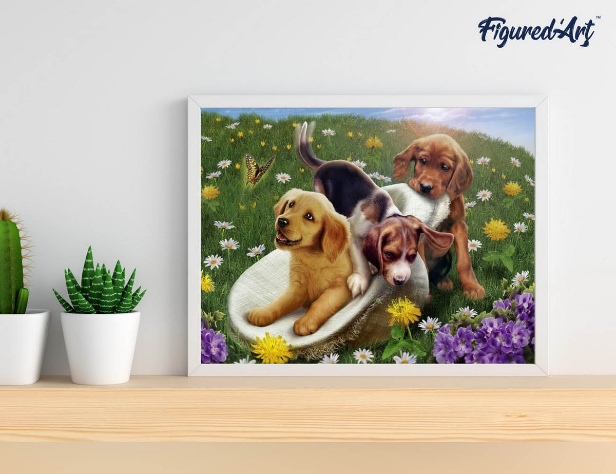 Malen nach Zahlen 40x50cm auf Keilrahmen gespannt Figured’Art Spielende Hunde - Kidis Art