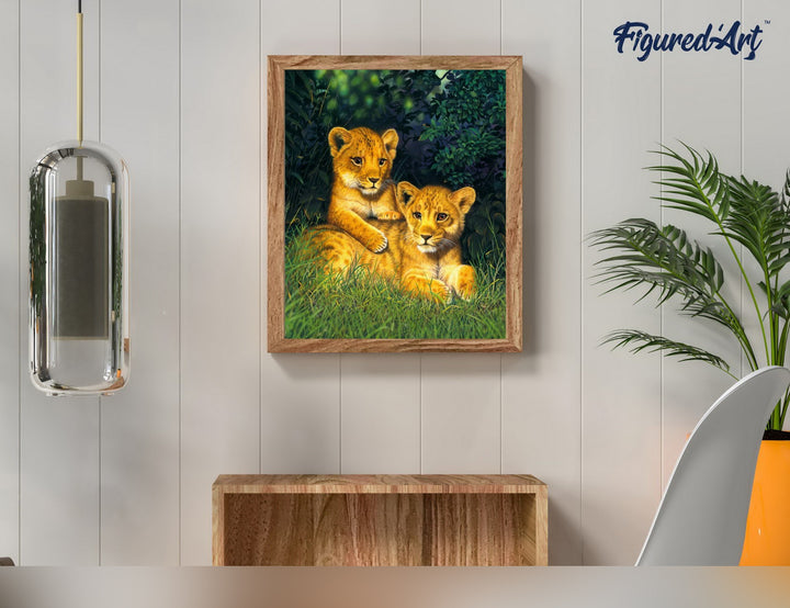 Malen nach Zahlen 40x50cm auf Keilrahmen gespannt Figured’Art Junge Löwen