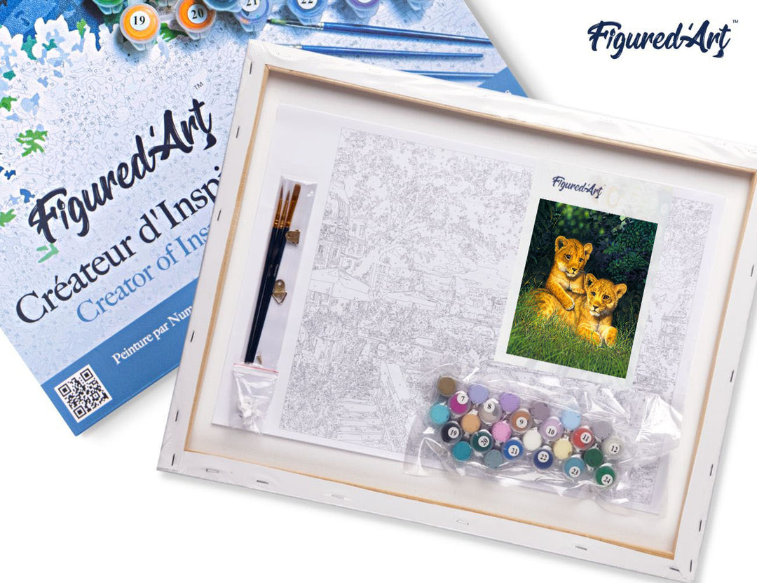Malen nach Zahlen 40x50cm auf Keilrahmen gespannt Figured’Art Junge Löwen