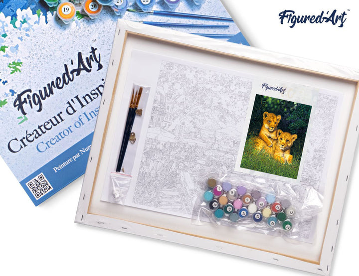 Malen nach Zahlen 40x50cm auf Keilrahmen gespannt Figured’Art Junge Löwen