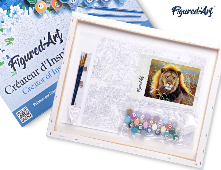Malen nach Zahlen 40x50cm auf Keilrahmen gespannt Figured’Art Löwe in der Savanne