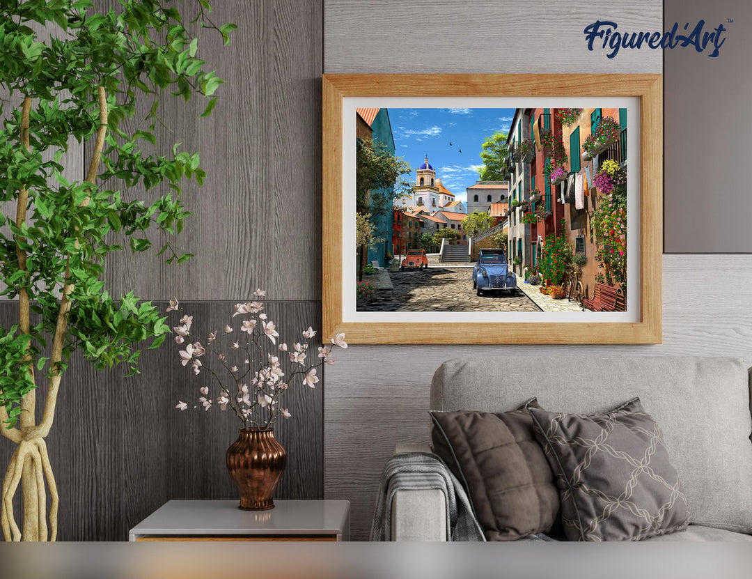 Malen nach Zahlen 40x50cm auf Keilrahmen gespannt Figured’Art Gasse mit 2CV