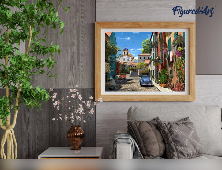 Malen nach Zahlen 40x50cm auf Keilrahmen gespannt Figured’Art Gasse mit 2CV