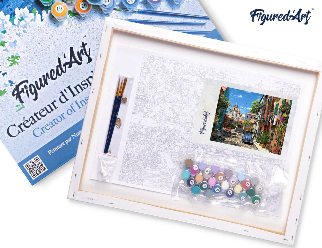 Malen nach Zahlen 40x50cm auf Keilrahmen gespannt Figured’Art Gasse mit 2CV