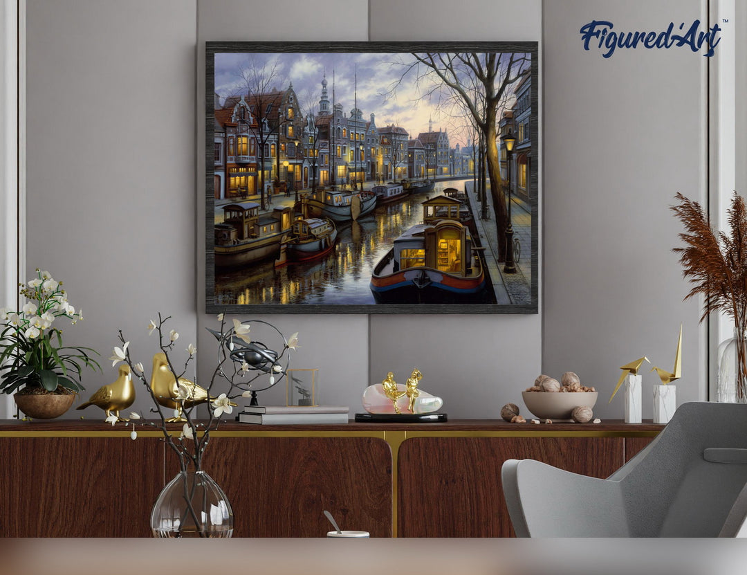 Malen nach Zahlen 40x50cm auf Keilrahmen gespannt Figured’Art Hausboot am Kanal