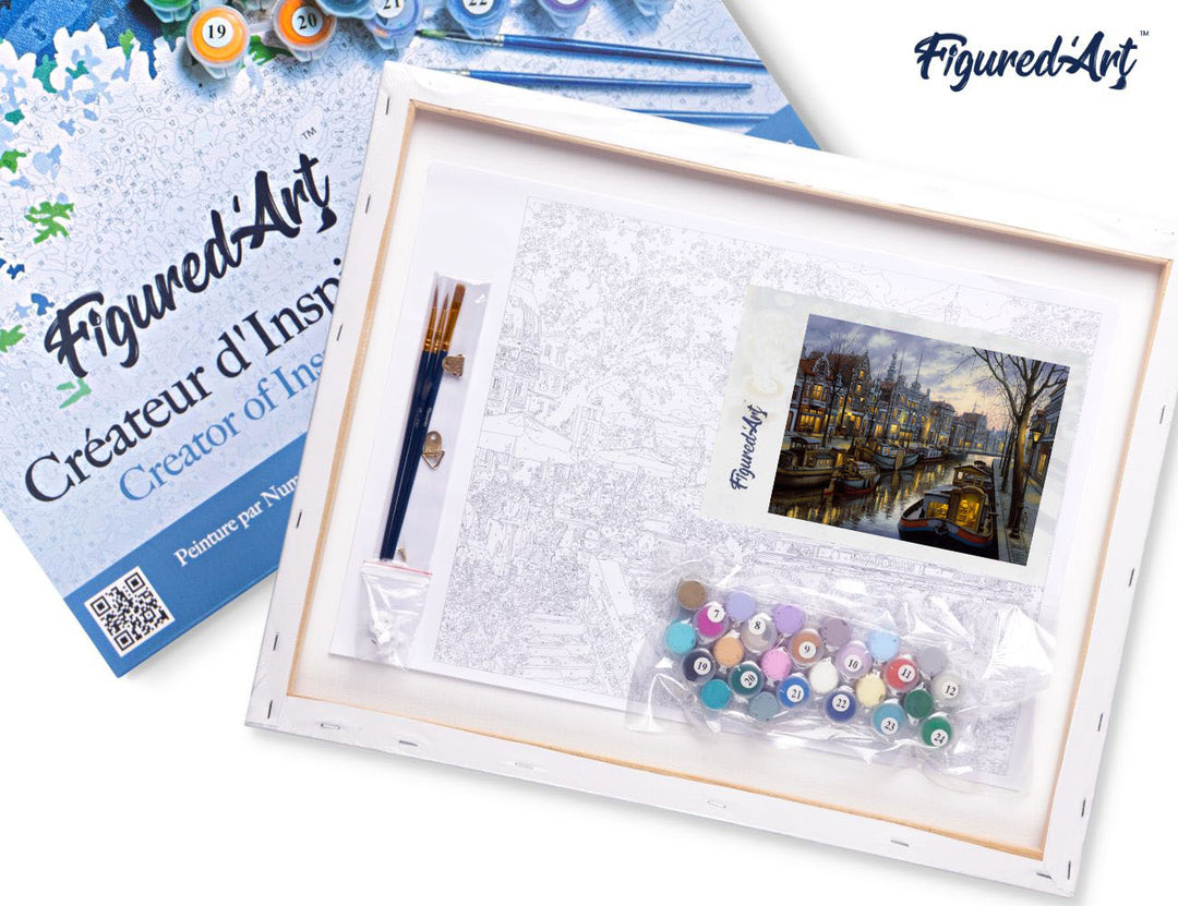 Malen nach Zahlen 40x50cm auf Keilrahmen gespannt Figured’Art Hausboot am Kanal