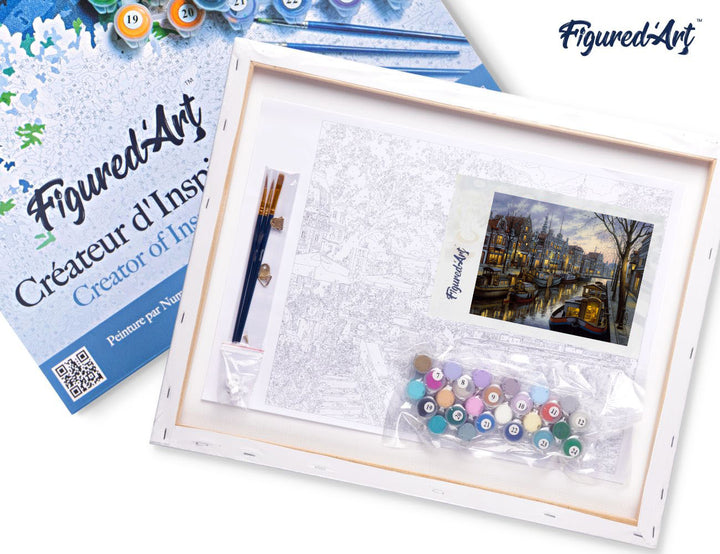 Malen nach Zahlen 40x50cm auf Keilrahmen gespannt Figured’Art Hausboot am Kanal