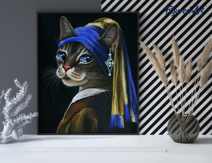 Malen nach Zahlen 40x50cm auf Keilrahmen gespannt Figured’Art Das Kätzchen mit dem Perlenohrgehänge