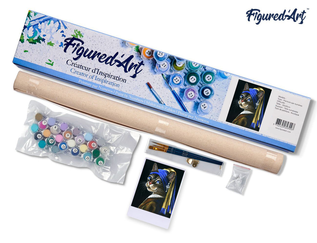 Malen nach Zahlen 40x50cm ohne Keilrahmen Figured’Art Das Kätzchen mit dem Perlenohrgehänge