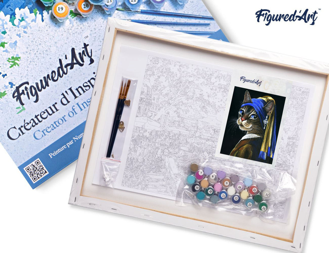 Malen nach Zahlen 40x50cm auf Keilrahmen gespannt Figured’Art Das Kätzchen mit dem Perlenohrgehänge