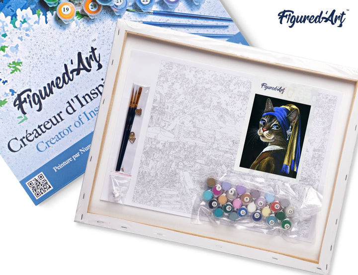 Malen nach Zahlen 40x50cm auf Keilrahmen gespannt Figured’Art Das Kätzchen mit dem Perlenohrgehänge