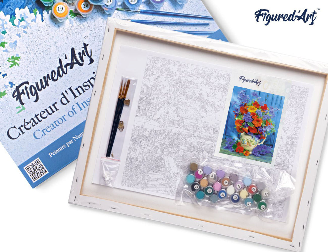 Malen nach Zahlen 40x50cm auf Keilrahmen gespannt Figured’Art Blumenstrauss in Orange und Lila