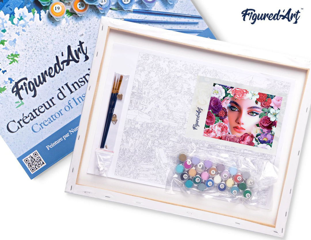 Malen nach Zahlen 40x50cm auf Keilrahmen gespannt Figured’Art Gesicht und Blumen