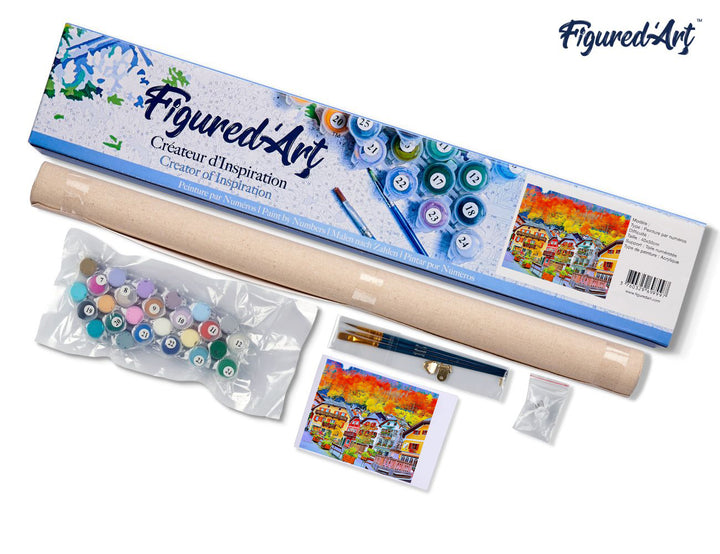 Malen nach Zahlen 40x50cm ohne Keilrahmen Figured’Art Buntes schweizer Dorf - Kidis Art