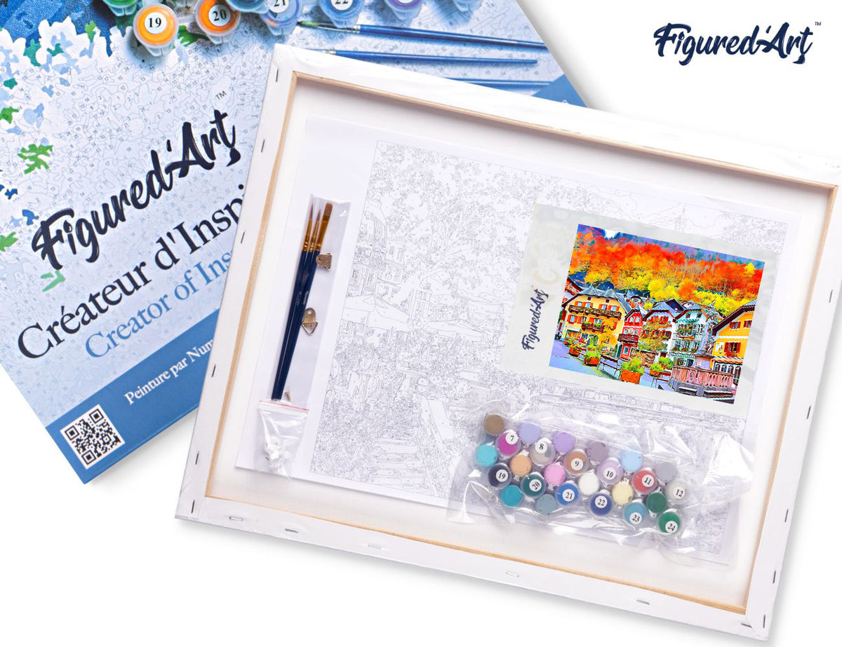Malen nach Zahlen 40x50cm auf Keilrahmen gespannt Figured’Art Buntes schweizer Dorf - Kidis Art