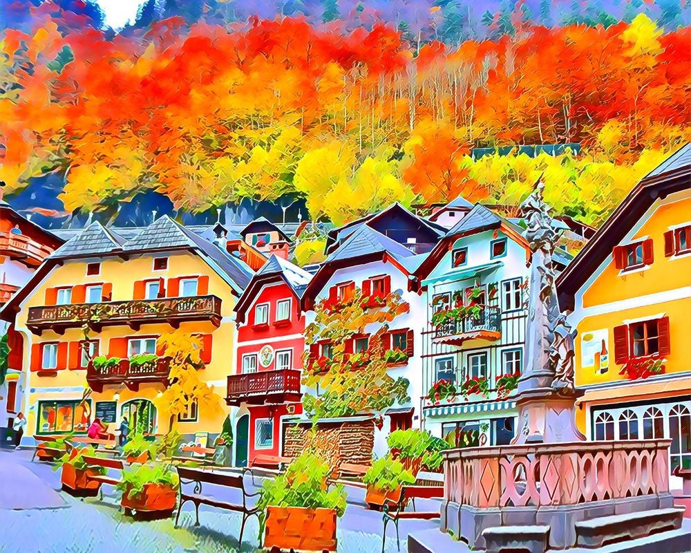 Kreuzstich 32x40cm – Buntes schweizer Dorf - Kidis Art