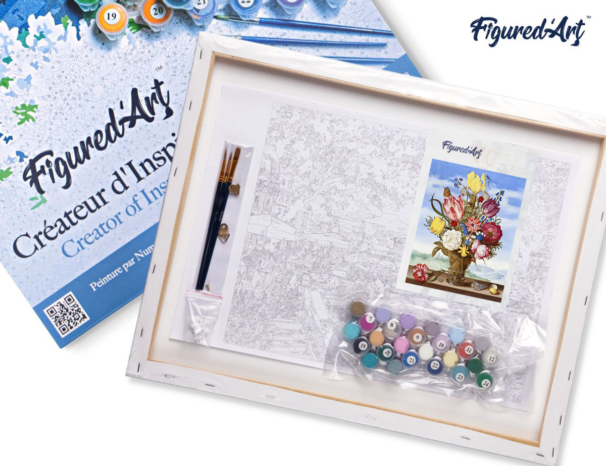 Malen nach Zahlen 40x50cm auf Keilrahmen gespannt Figured’Art Blumenstrauss – Ambrosius Bosschaert - Kidis Art
