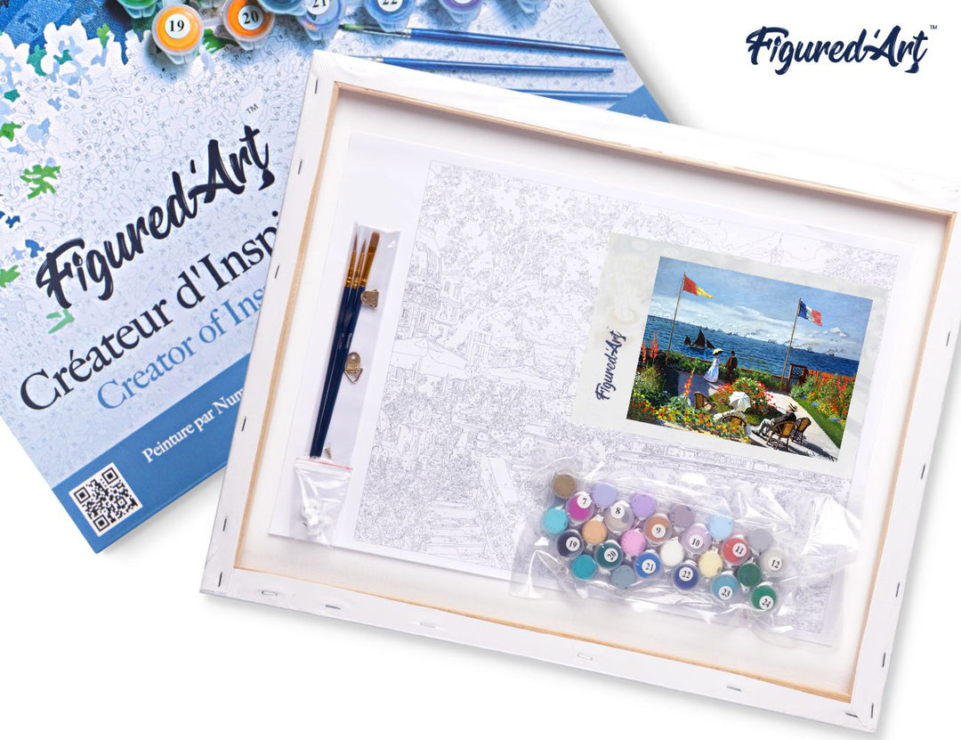 Malen nach Zahlen 40x50cm auf Keilrahmen gespannt Figured’Art Die Terrasse am Sainte Adresse – Monet