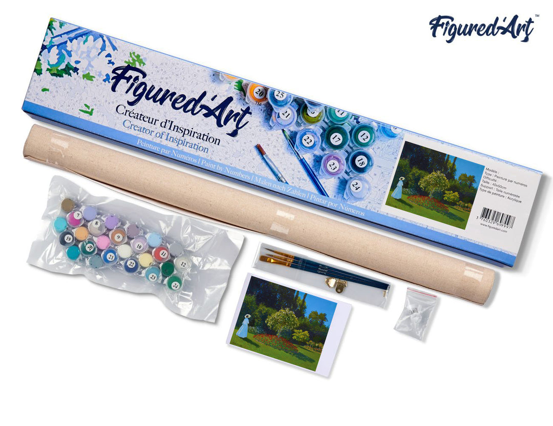 Malen nach Zahlen 40x50cm ohne Keilrahmen Figured’Art Frau im Garten – Monet