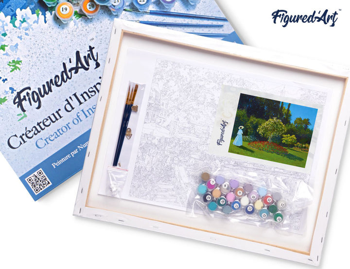 Malen nach Zahlen 40x50cm auf Keilrahmen gespannt Figured’Art Frau im Garten – Monet