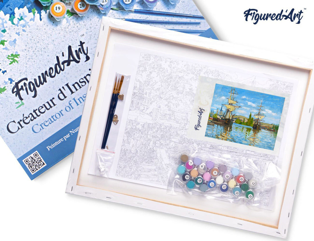 Malen nach Zahlen 40x50cm auf Keilrahmen gespannt Figured’Art Schiffe auf der seine in Rouen – Monet