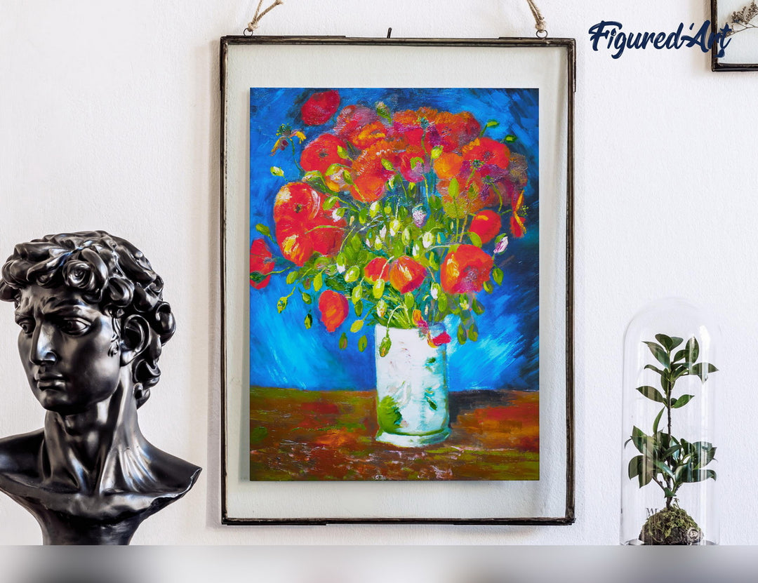 Malen nach Zahlen 40x50cm auf Keilrahmen gespannt Figured’Art Vase mit rotem Klatschmohn – Van Gogh