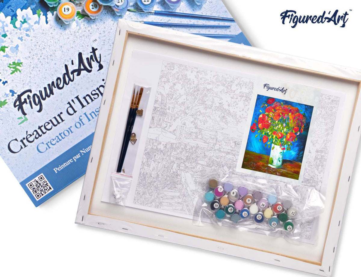 Malen nach Zahlen 40x50cm auf Keilrahmen gespannt Figured’Art Vase mit rotem Klatschmohn – Van Gogh - Kidis Art